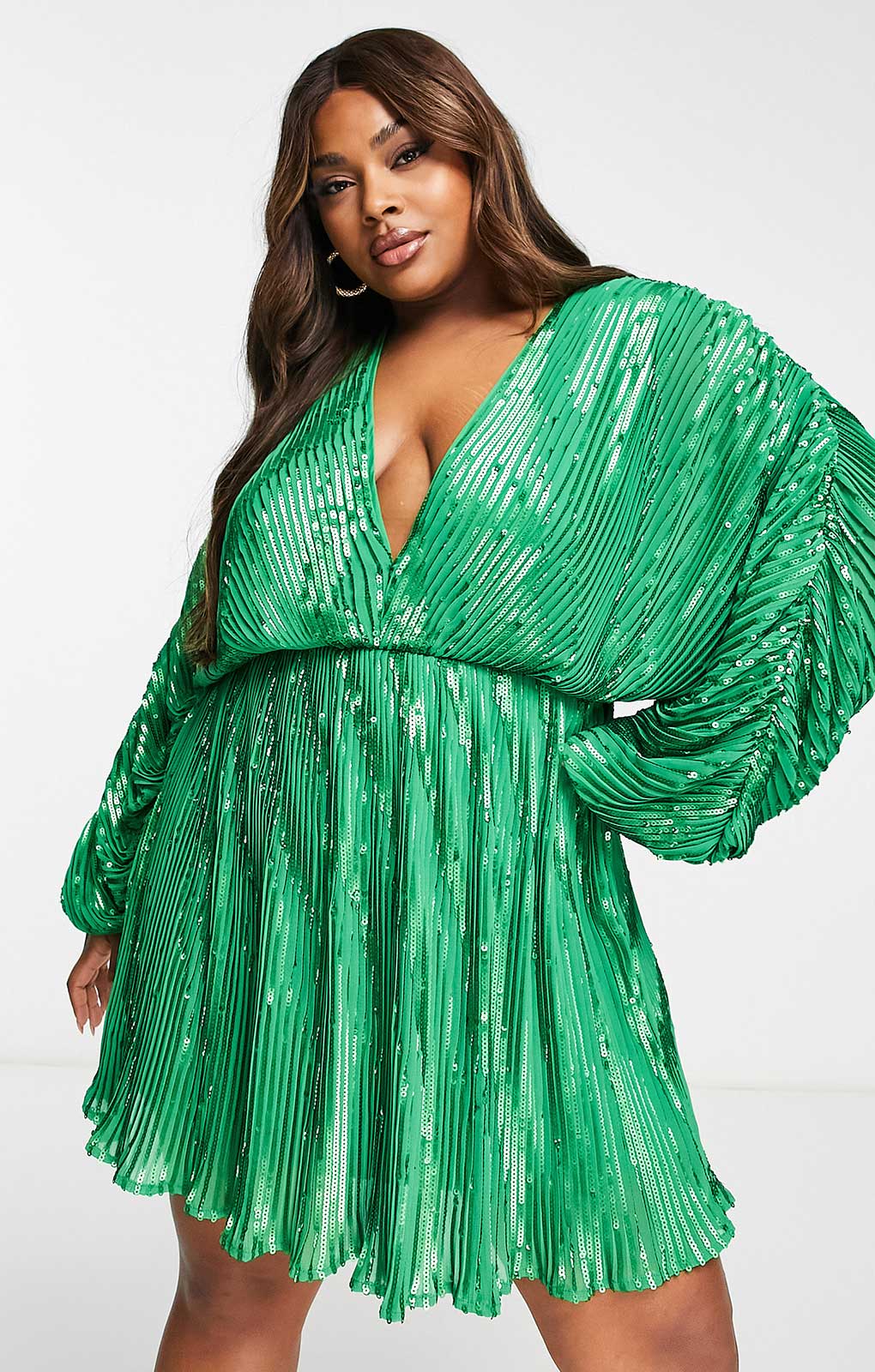 Asos Design Curve Embellishment Mini Dress With Blouson Sleeve In Green