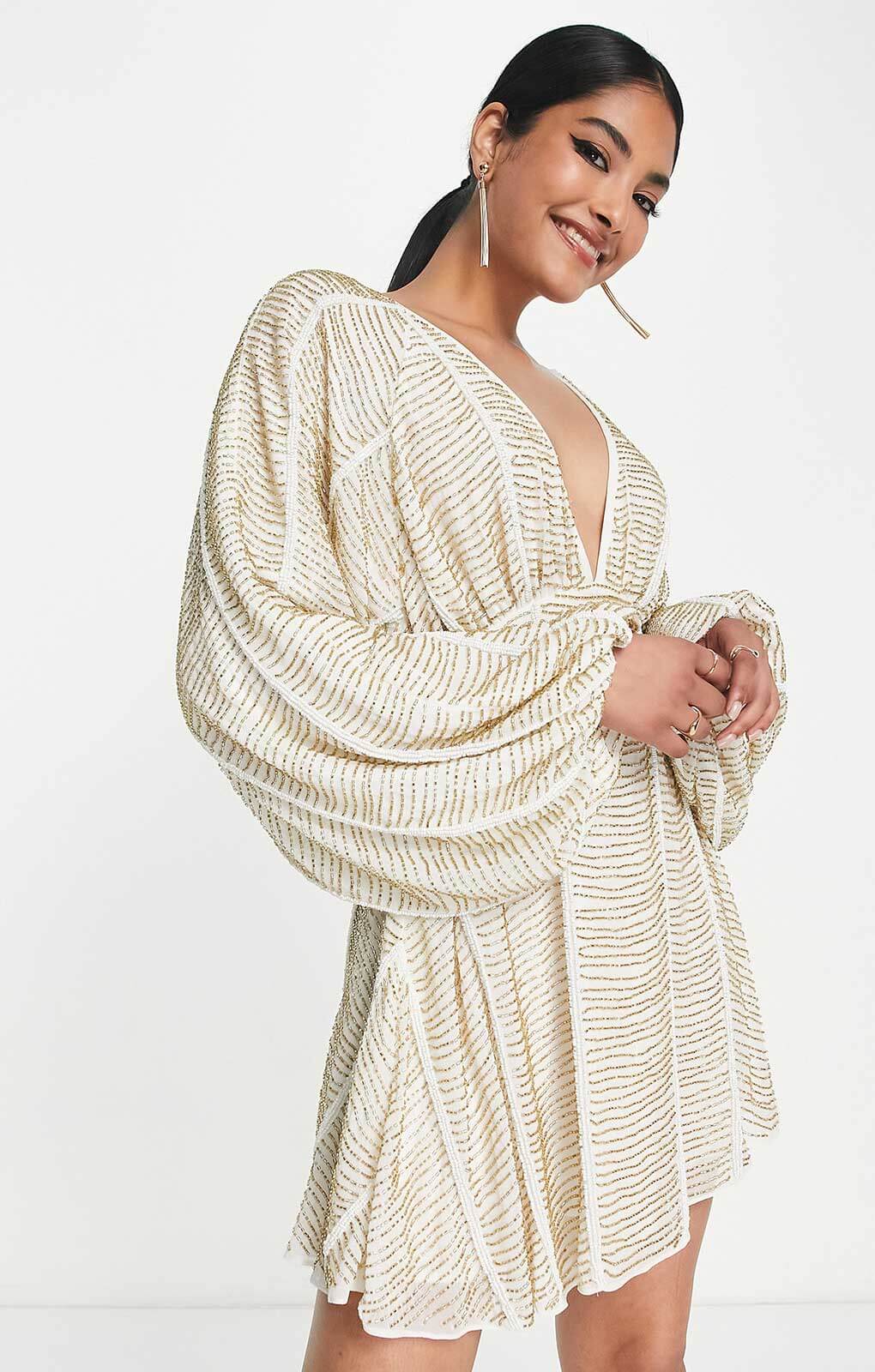 Asos Design Embellished Smock Mini Dress With Gold Linear Embellishment