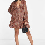 Asos Design Embellished Tiered Mini Dress With Tie Detail In Gold Sequin product image