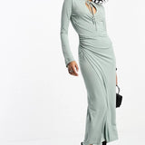 Asos Design Flared Long Sleeve Midi Dress With Wrap And Tie Neck Detail In Sage Green
