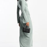 Asos Design Flared Long Sleeve Midi Dress With Wrap And Tie Neck Detail In Sage Green