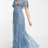 Asos Design Flutter Sleeve Maxi Dress With Trailing Floral Embellishment In Blue product image