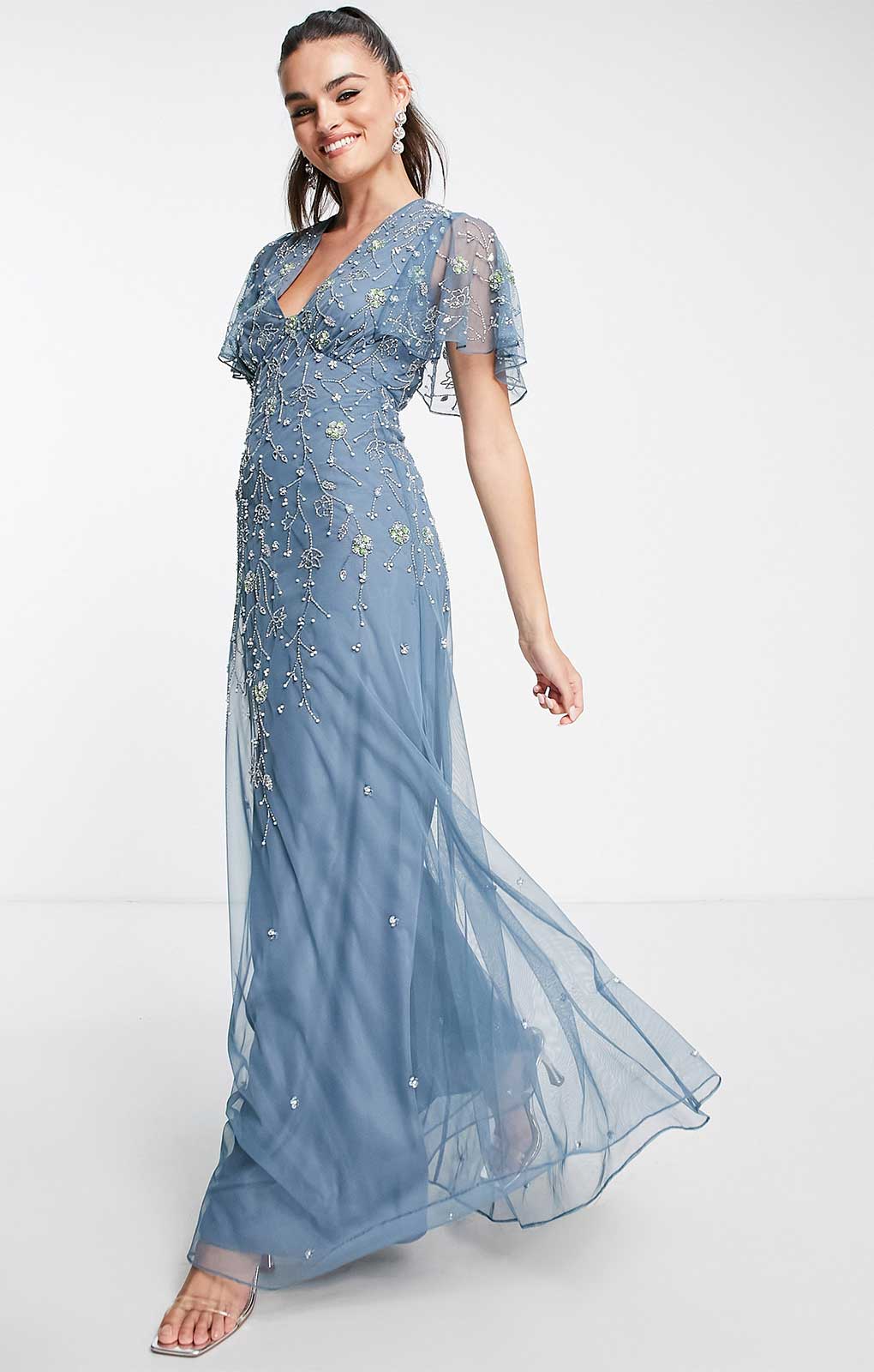 Asos Design Flutter Sleeve Maxi Dress With Trailing Floral Embellishment In Blue