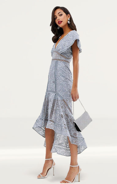 knee length dresses for ladies Rent Asos Design Flutter Sleeve Midi Dress In Corded Lace