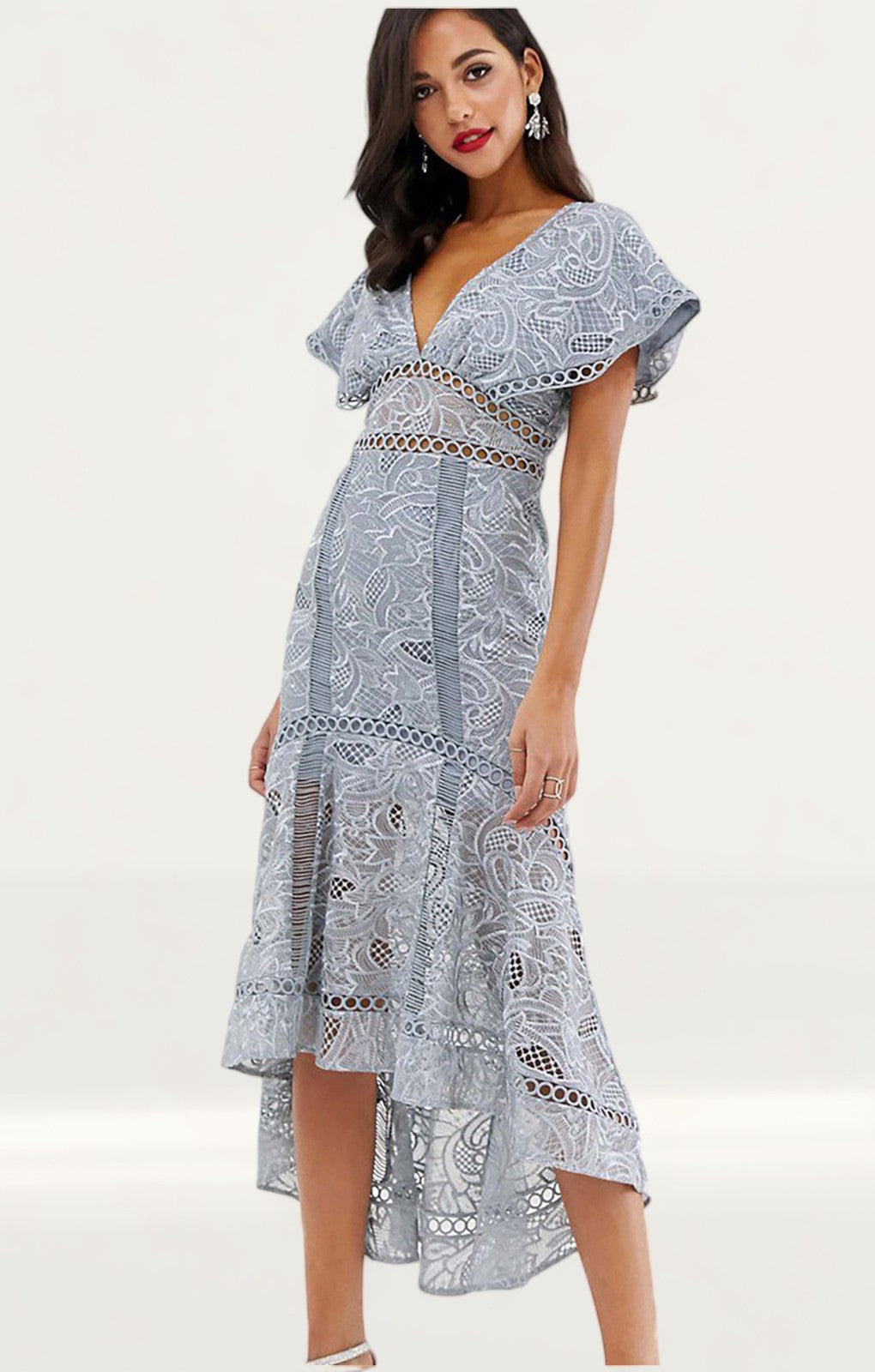 Asos Design Flutter Sleeve Midi Dress In Corded Lace