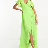 Asos Design Frill Detail Wrap Maxi Dress In Bright Lime Dobby