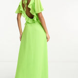 Asos Design Frill Detail Wrap Maxi Dress In Bright Lime Dobby