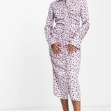 Asos Design Gathered Waist Midi Satin Shirt Dress In Lilac Floral