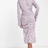 Asos Design Gathered Waist Midi Satin Shirt Dress In Lilac Floral