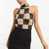 Asos Design Halter Crochet Mini Dress In Mono Checkerboard