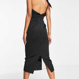Asos Design Halter Mesh Insert Corset Corsage Midi Pencil Dress In Black
