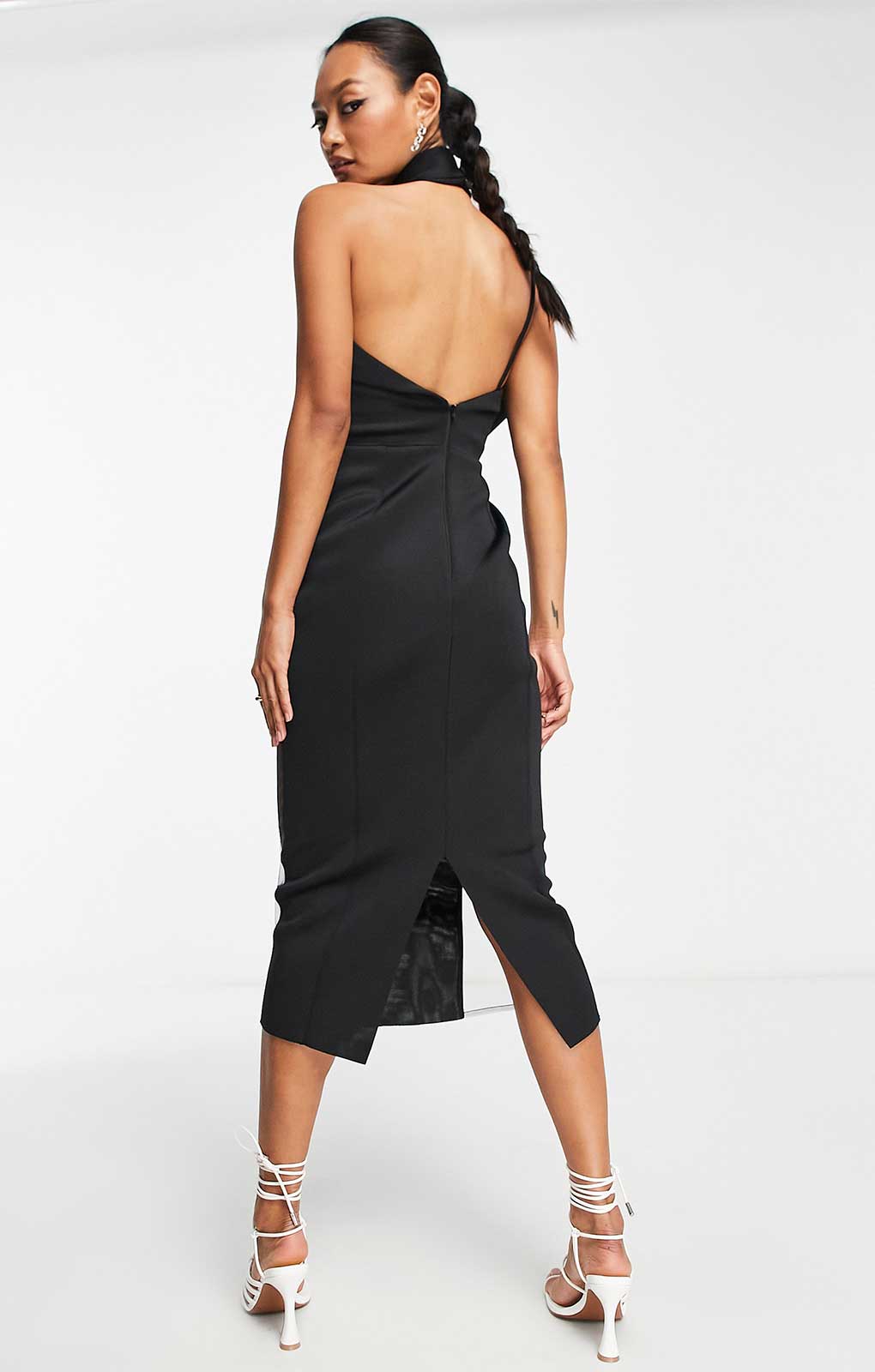Asos Design Halter Mesh Insert Corset Corsage Midi Pencil Dress In Black