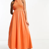 Asos Design Halter Midaxi Dress With Shirred Bodice In Orange