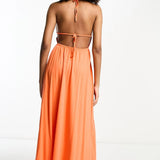 Asos Design Halter Midaxi Dress With Shirred Bodice In Orange