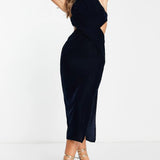 Asos Design Halter Velvet Midi Dress With Wrap Waist Detail In Navy