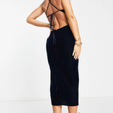 Asos Design Halter Velvet Midi Dress With Wrap Waist Detail In Navy