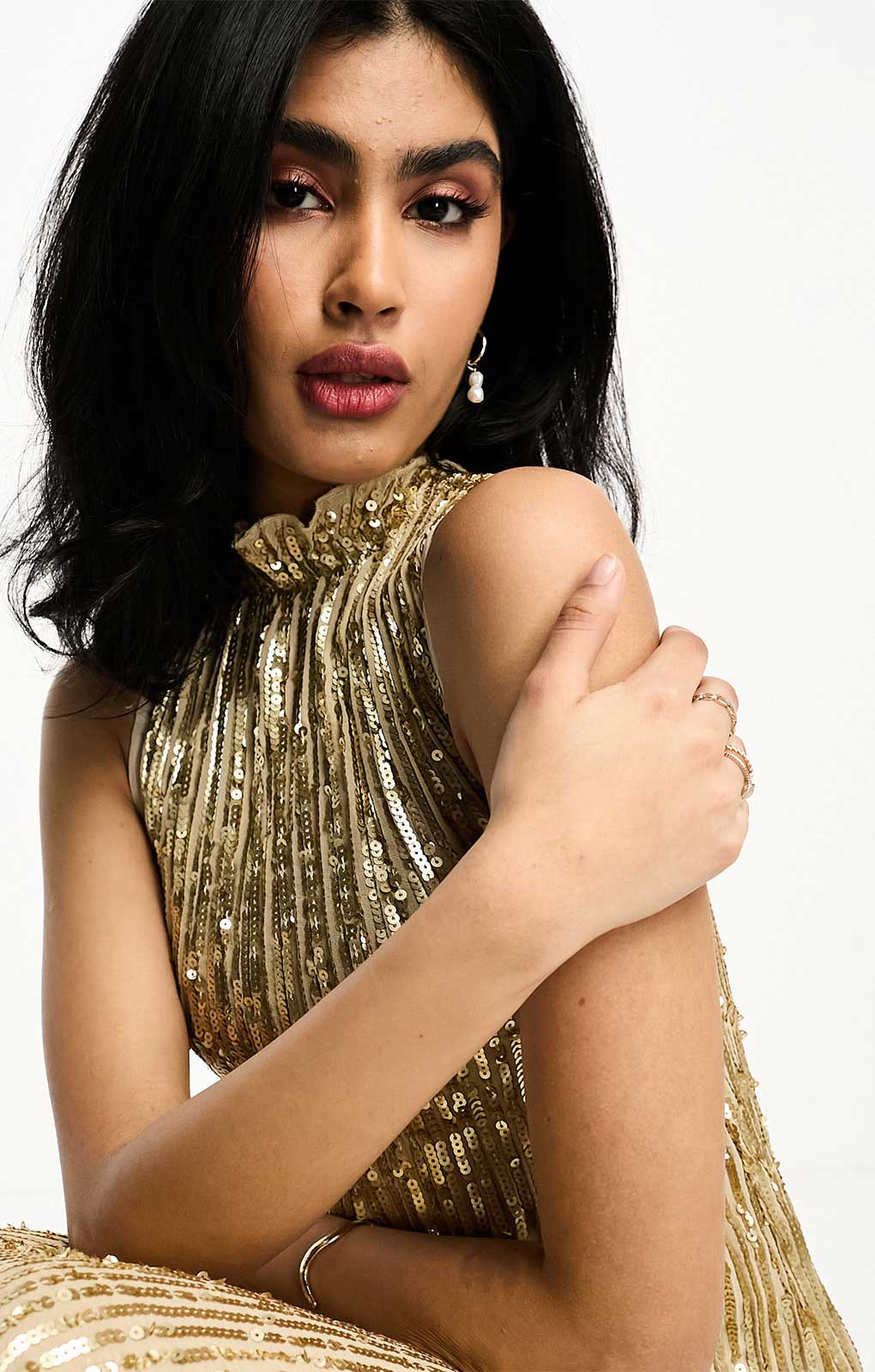 Asos Design High Neck Embellished Midi Dress In Plisse Sequin In Gold product image