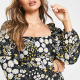 Asos Design Jacquard Puff Sleeve Midi Dress In Dark Floral