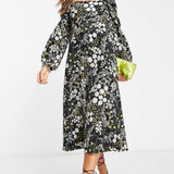 Asos Design Jacquard Puff Sleeve Midi Dress In Dark Floral