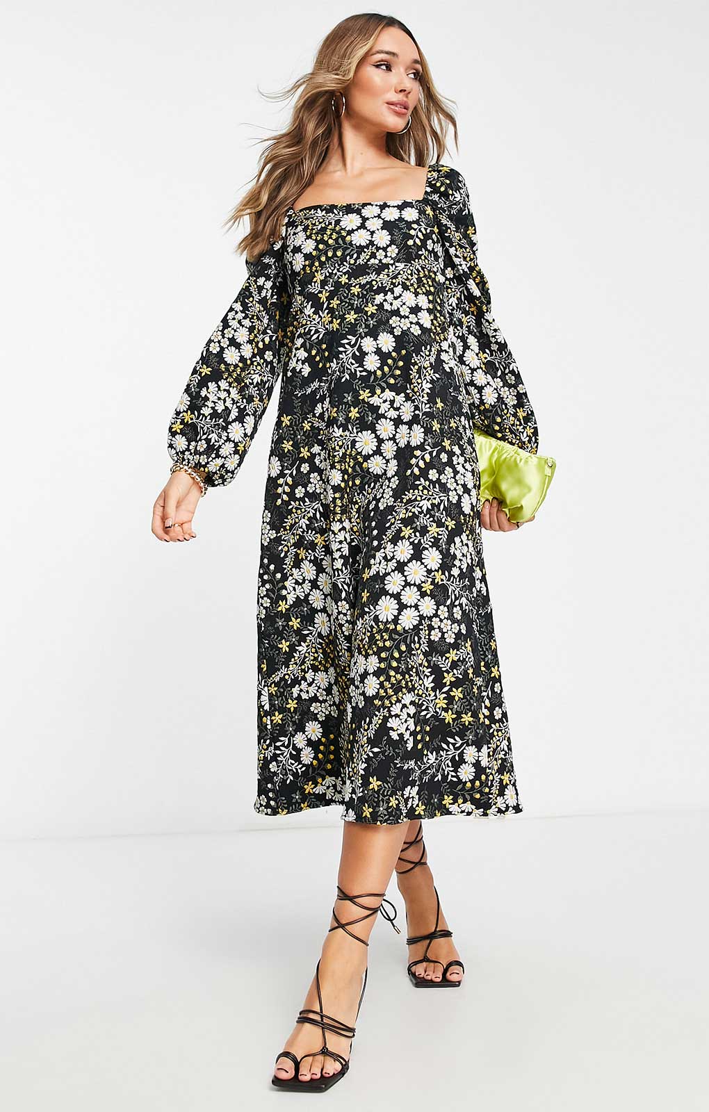 Asos Design Jacquard Puff Sleeve Midi Dress In Dark Floral