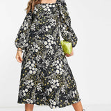 Asos Design Jacquard Puff Sleeve Midi Dress In Dark Floral product image