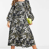 Asos Design Jacquard Puff Sleeve Midi Dress In Dark Floral