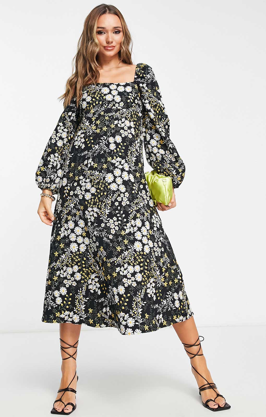 Asos Design Jacquard Puff Sleeve Midi Dress In Dark Floral product image