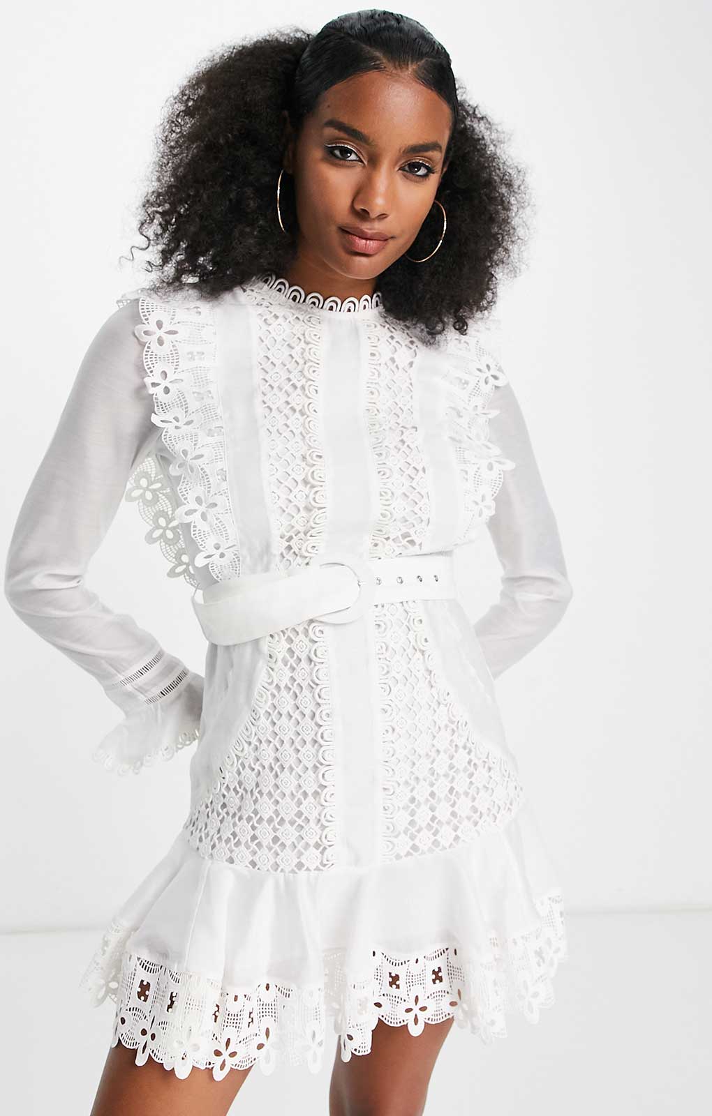 Asos Design Lace Frill Detail Mini Dress With Belt In White product image