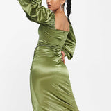 Asos Design Long Sleeve Knot High Split Satin Midi Dress In Olive Green product image
