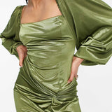 Asos Design Long Sleeve Knot High Split Satin Midi Dress In Olive Green product image