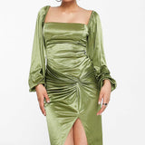 Asos Design Long Sleeve Knot High Split Satin Midi Dress In Olive Green product image