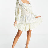 Asos Design Metallic Jacquard Square Neck Ruffle Mini Dress In Gold And Silver