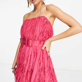 Asos Design Mini Bandeau Dress In Shredded Chiffon With Belt Detail In Pink