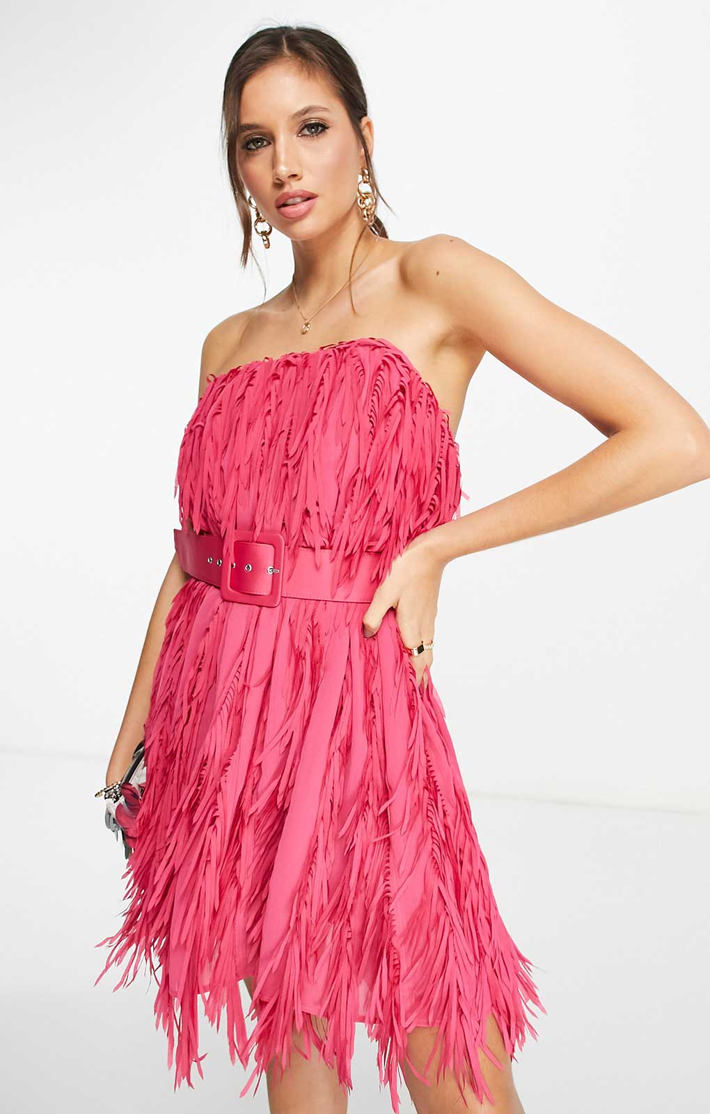 Asos Design Mini Bandeau Dress In Shredded Chiffon With Belt Detail In Pink product image