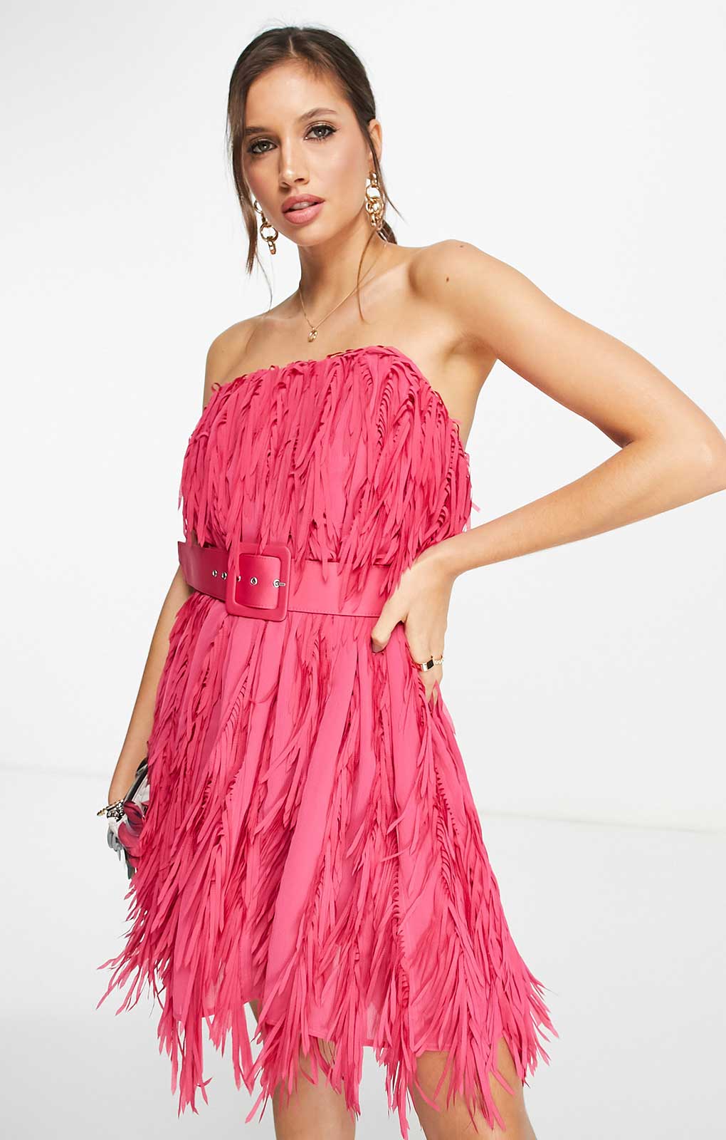Asos Design Mini Bandeau Dress In Shredded Chiffon With Belt Detail In Pink