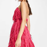 Asos Design Mini Bandeau Dress In Shredded Chiffon With Belt Detail In Pink