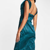 Asos Design Off Shoulder Bardot Boned Tuck Midi Dress In Structured Satin Teal product image