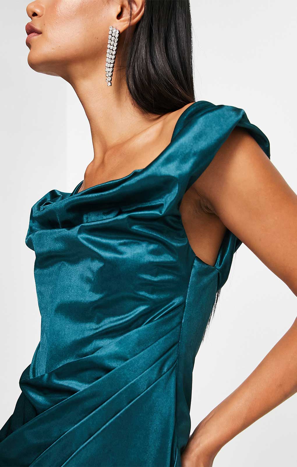 Asos Design Off Shoulder Bardot Boned Tuck Midi Dress In Structured Satin Teal product image