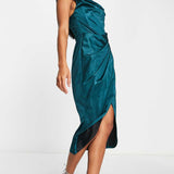 Asos Design Off Shoulder Bardot Boned Tuck Midi Dress In Structured Satin Teal