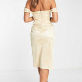 Asos Design Off Shoulder Bardot Tuck Midi Dress In Satin Gold product image