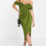 Asos Design Off Shoulder Corset Midi Dress In Olive product image
