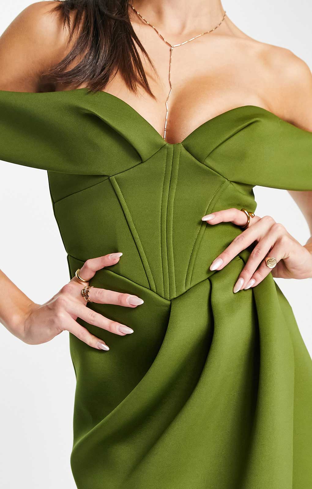 Asos Design Off Shoulder Corset Midi Dress In Olive product image