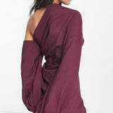 Asos Design Off Shoulder Drape Mini Dress With Balloon Sleeve In Wine