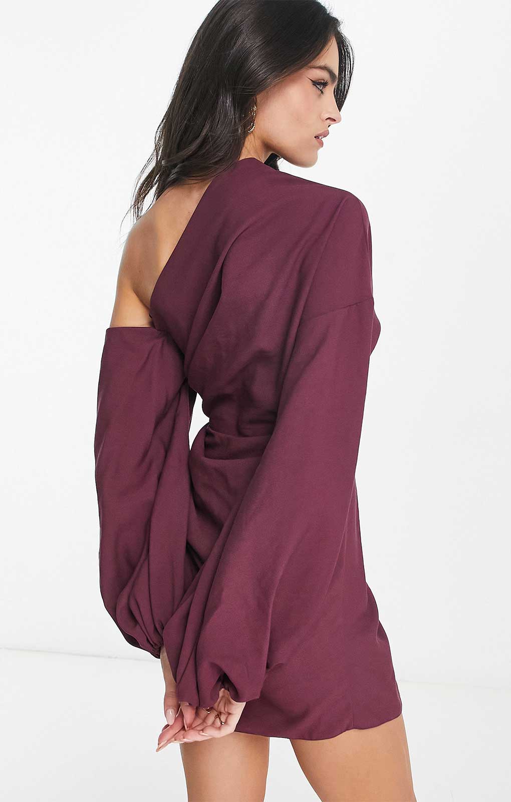 Asos Design Off Shoulder Drape Mini Dress With Balloon Sleeve In Wine