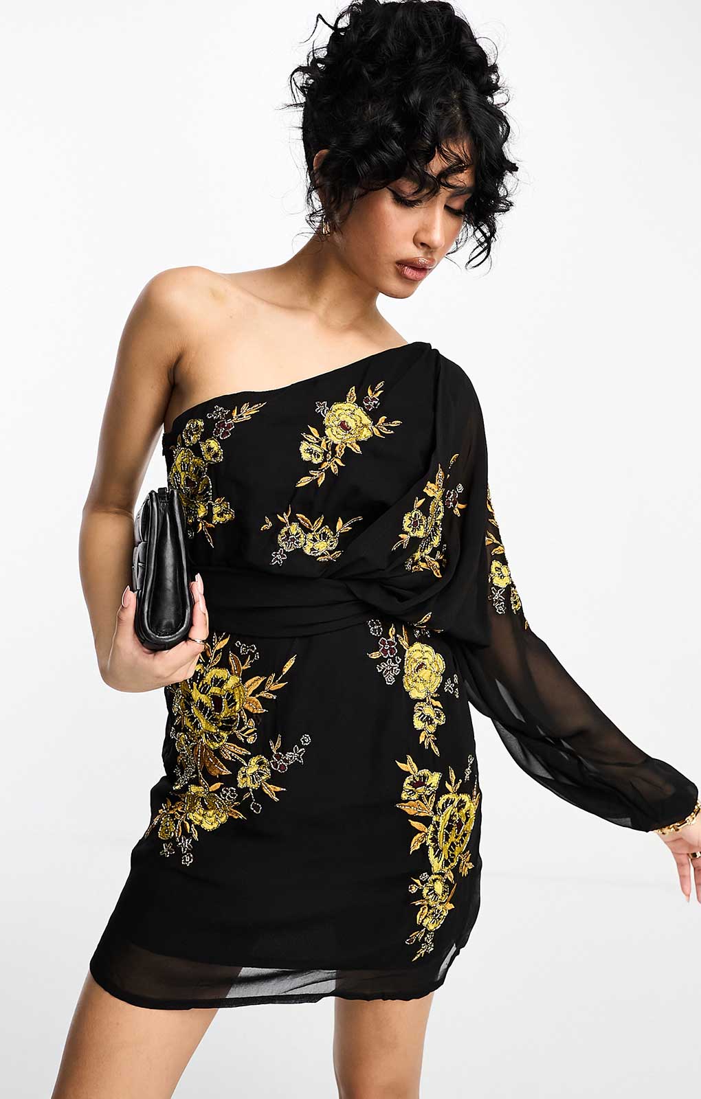 Asos Design One Shoulder Chiffon Mini Dress In Black With Marigold Floral Artwork