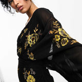 Asos Design One Shoulder Chiffon Mini Dress In Black With Marigold Floral Artwork