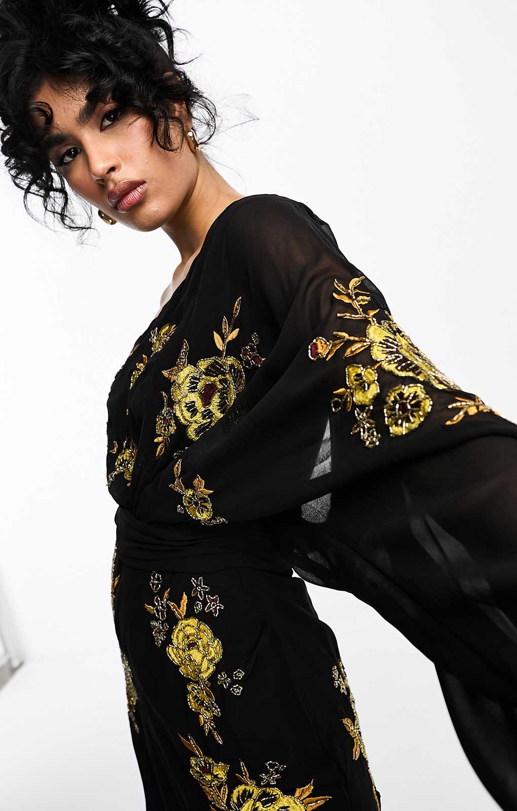 Asos Design One Shoulder Chiffon Mini Dress In Black With Marigold Floral Artwork