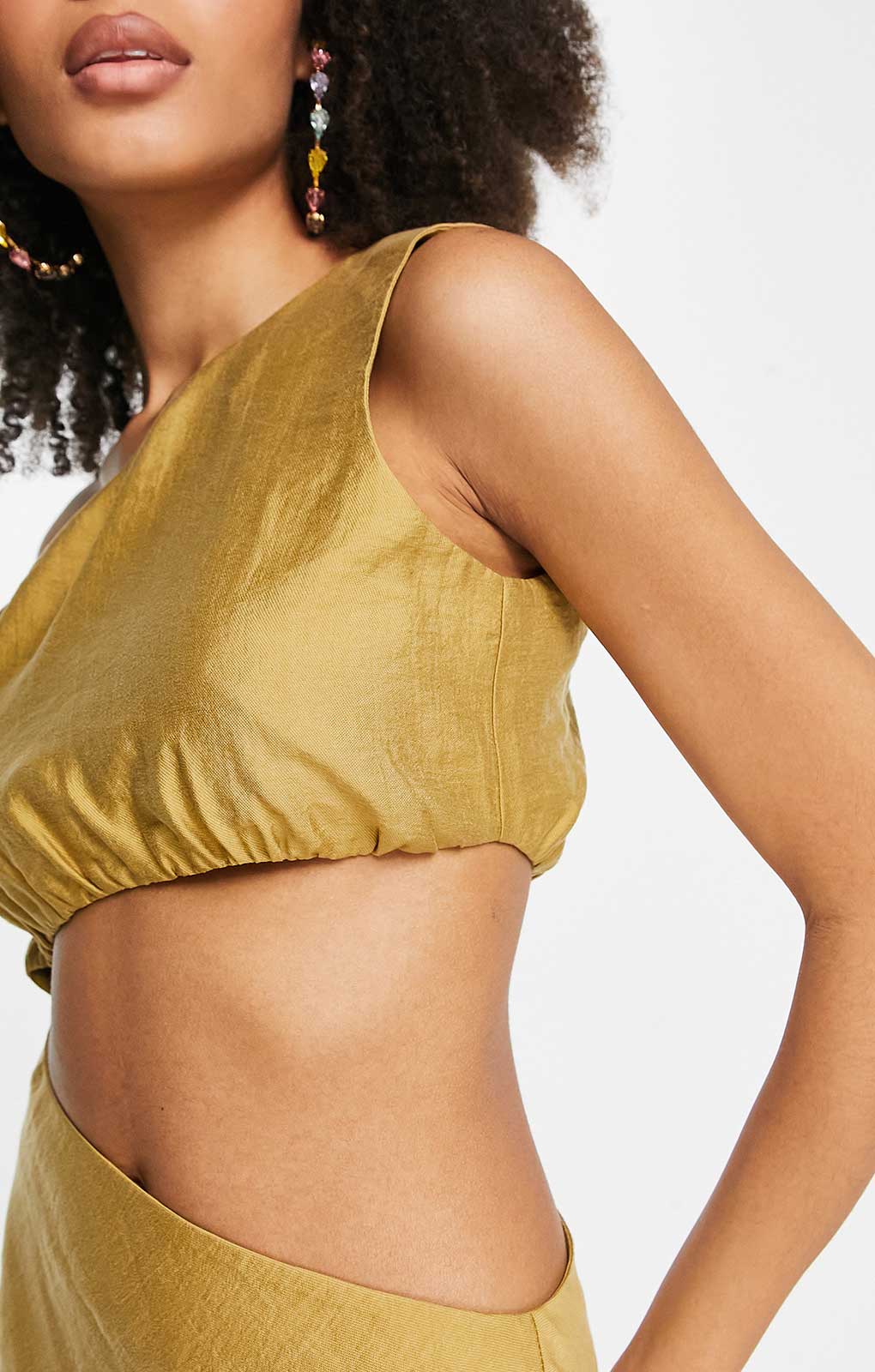 Asos Design One Shoulder Maxi Dress In Washed Fabric With Cut Out Waist In Stone