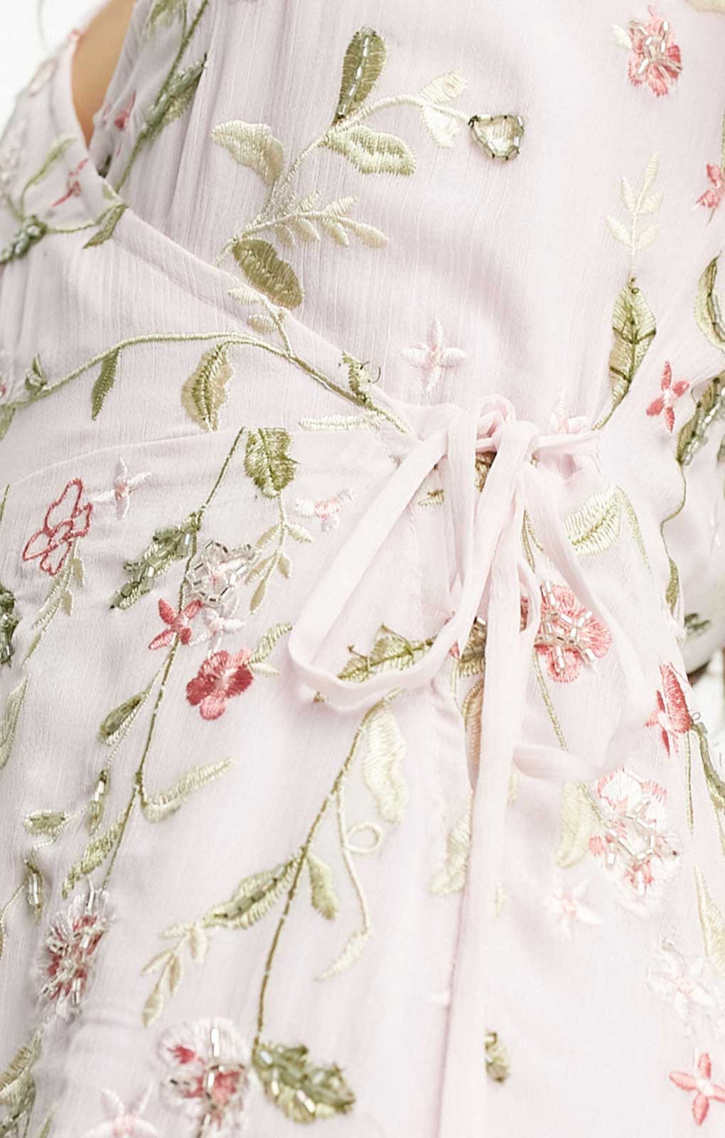 Asos Petite Flutter Sleeve Embellished Wrap Maxi Dress With Embroidery In Light Pink