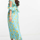 Asos Design Petite Satin Midaxi Dress With Multi Flutter Sleeves In Blue Floral Print product image